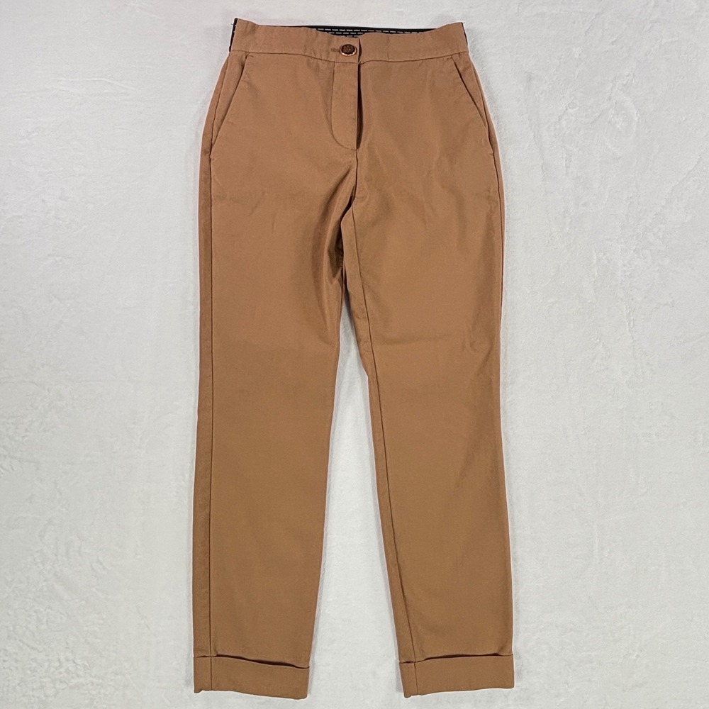 Zara Women Camel Tan Slim Fit Cuffed Ankle Trousers Crest Button Size S